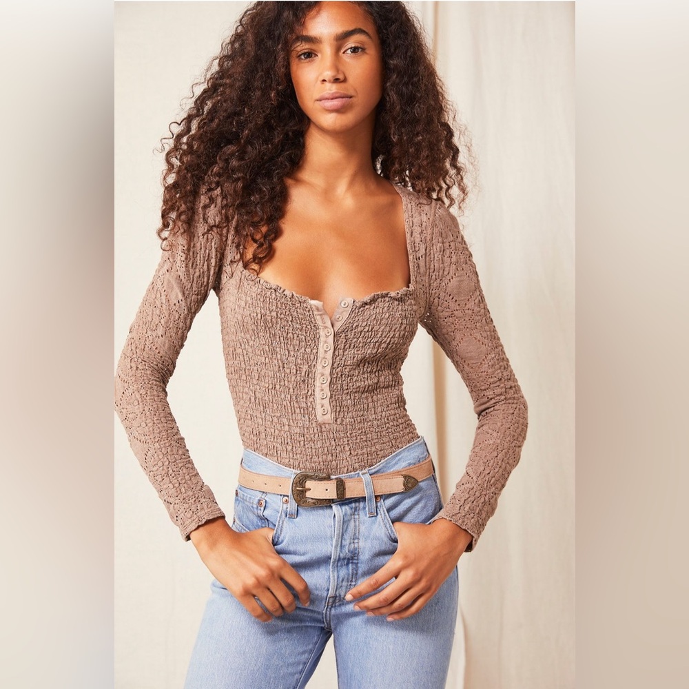 Free People Confection Brown Taupe Long Sleeve Blouse Top L